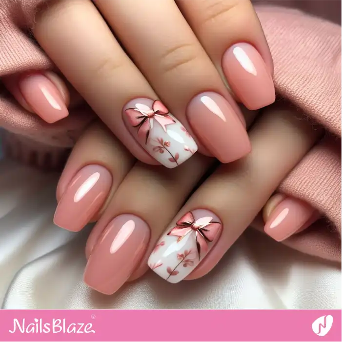Glossy Peach Fuzz Nails with Bows and Plants | Color of the Year 2024 - NB1960